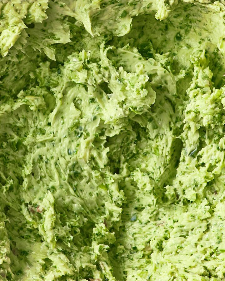 Close up of vibrant green coriander butter