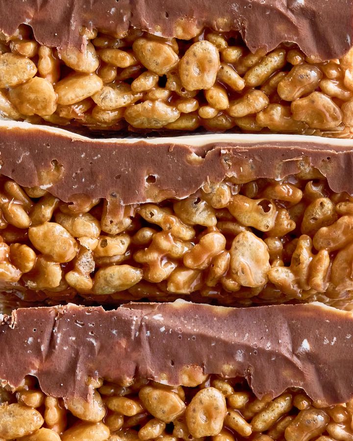 Close up on three Mars bar crispy slices stacked on top of each other